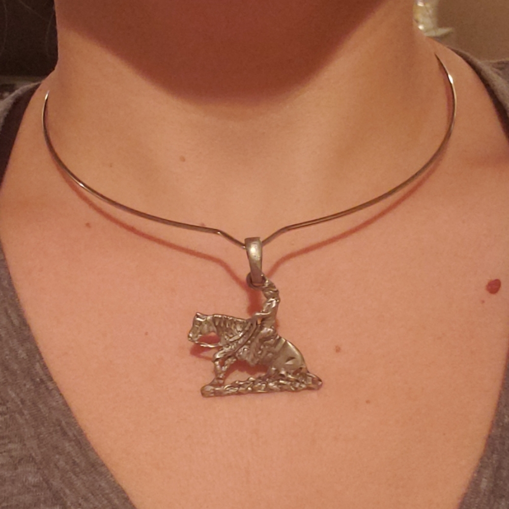 Reining horse with female rider silver necklace